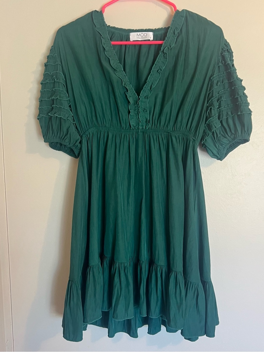 MOD Green Ruffle V-Neck Mini Dress